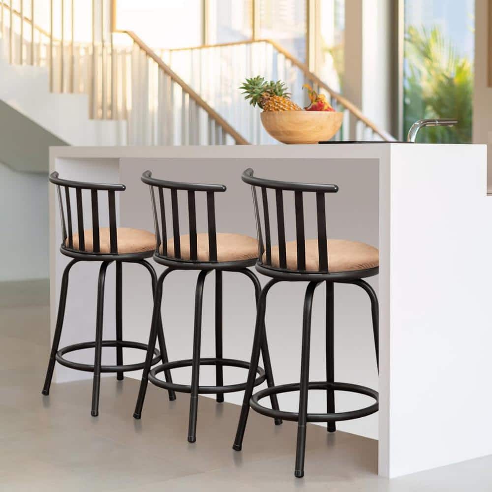 Set of 3 Beige Suede Swivel Counter Barstools with Black Metal Frame