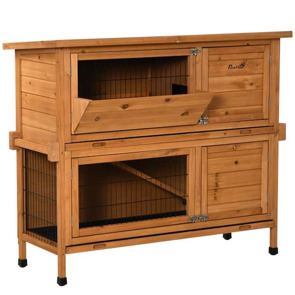 PawHut 2-Story Rabbit Hutch, Wooden Bunny Cage with 2 Handles for Easy Movement and No Leak Tray - Medium
