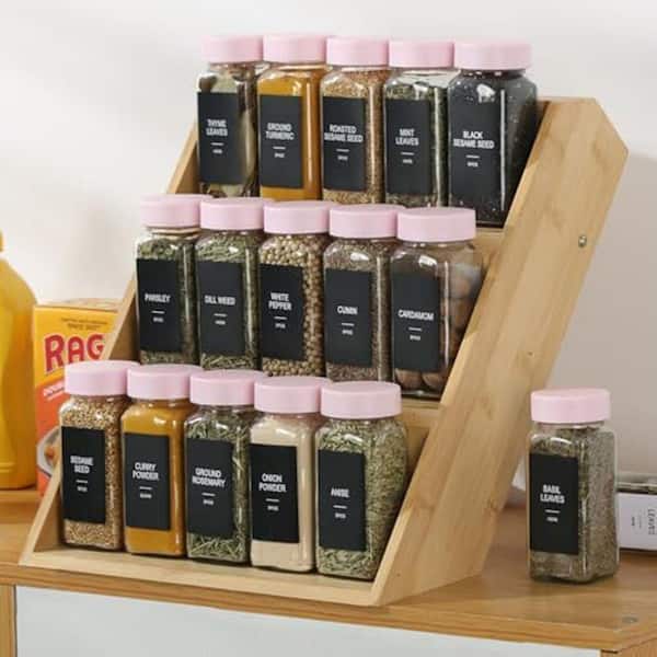 24 Pack Pink Airtight Lid Square Glass Spice Jar Set with Shaker Lids Funnel and 492 Labels for Kitchen Organizing