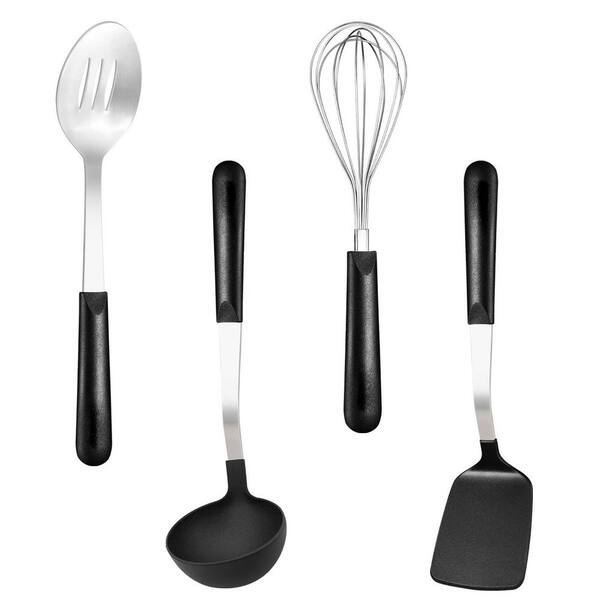 4-Piece Black Nylon Heat-Resistant Cooking Utensil Set with Stainless Steel PP Handles for Nonstick Cookware