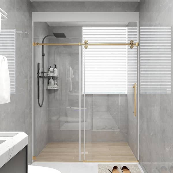 76 in. W x 76 in. H Single Sliding Frameless Shower Door in Brushed Gold with Clear 3/8 in. Glass