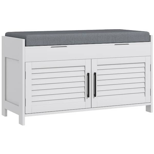 HOMCOM Shoe Bench, Entryway Bench with Shoe Storage, Cushion, Hidden Compartments, Adjustable Shelves and Shutter Doors