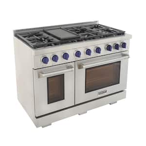 Pro-Style 48 in. 6.7 cu. ft. Double Oven Gas Range with 25K Power Burner in Stainless Steel and Blue Knobs