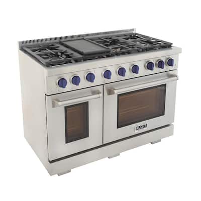 Pro-Style 48 in. 6.7 cu. ft. Double Oven Gas Range LP Ready with 25K Power Burner in Stainless Steel and Blue Knobs