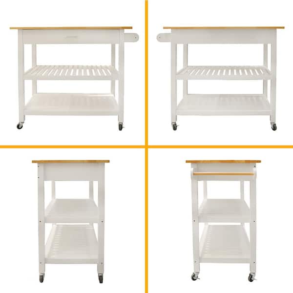 Tileon White Wood Top Kitchen Cart with Drawers 2 Lockable Wheels Simple Design to Display Foods and Utensil Clearly