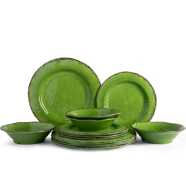 12-Piece Green Melamine Dinnerware Set, Lightweight and BPA Free, Service for 4 for Indoor Outdoor Use