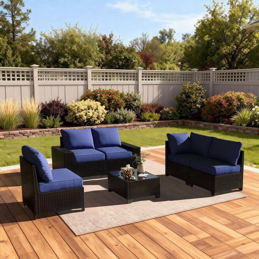 6-Piece Patio Wicker Outdoor Sectional Conversation Set with Coffee Table and Blue Cushions price history on PriceWatchPro
