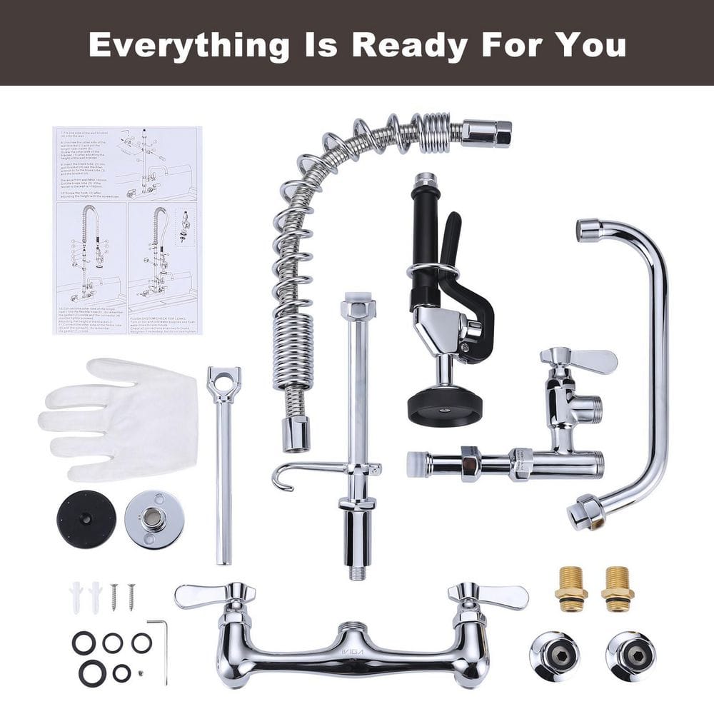 25-Inch Chrome Wall Mount Triple Handle Commercial Kitchen Faucet with Pull-Out Spray