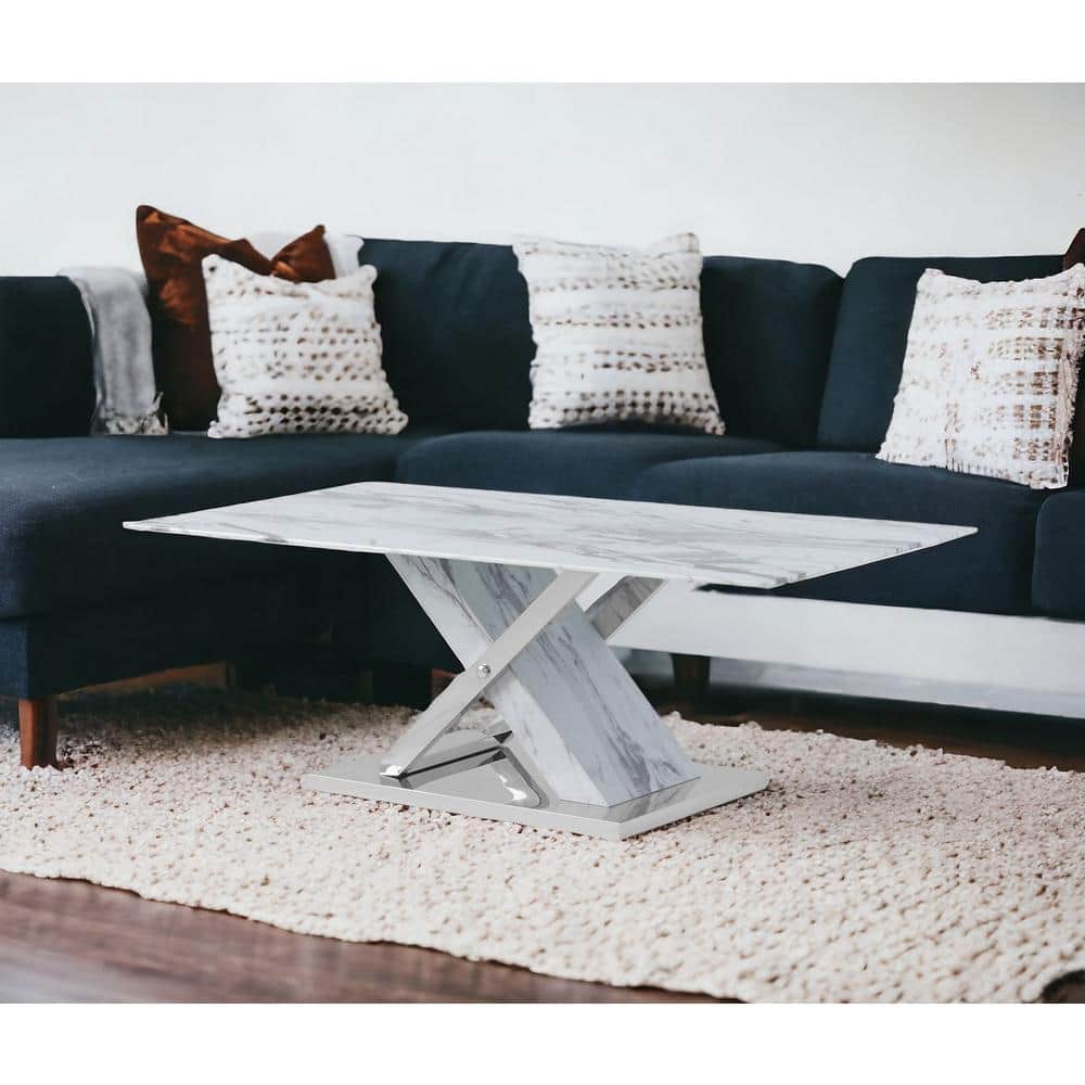 47 in. White and Gray Rectangle Glass Coffee Table