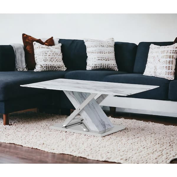 HomeRoots 47 in. White and Gray Rectangle Glass Coffee Table