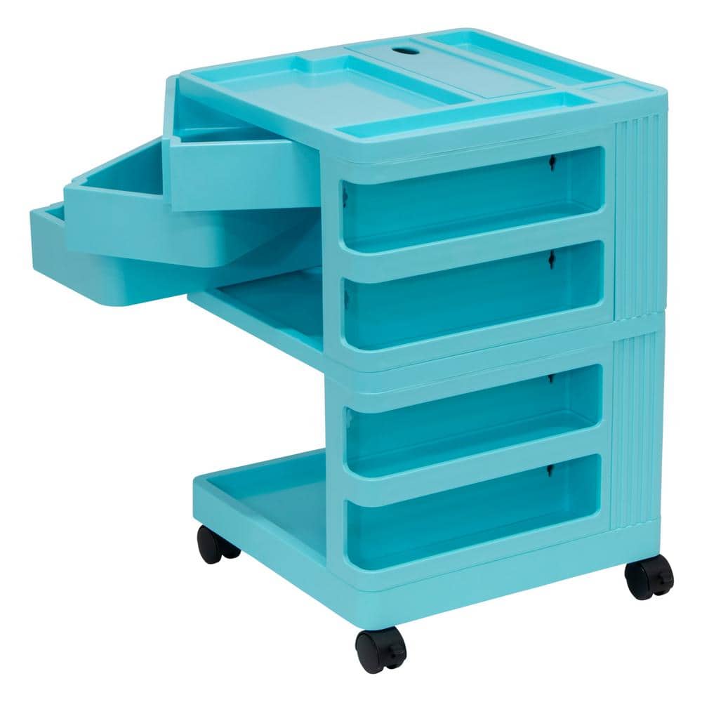Turquoise Rotating Plastic Mobile Storage Cart with Multiple Compartments