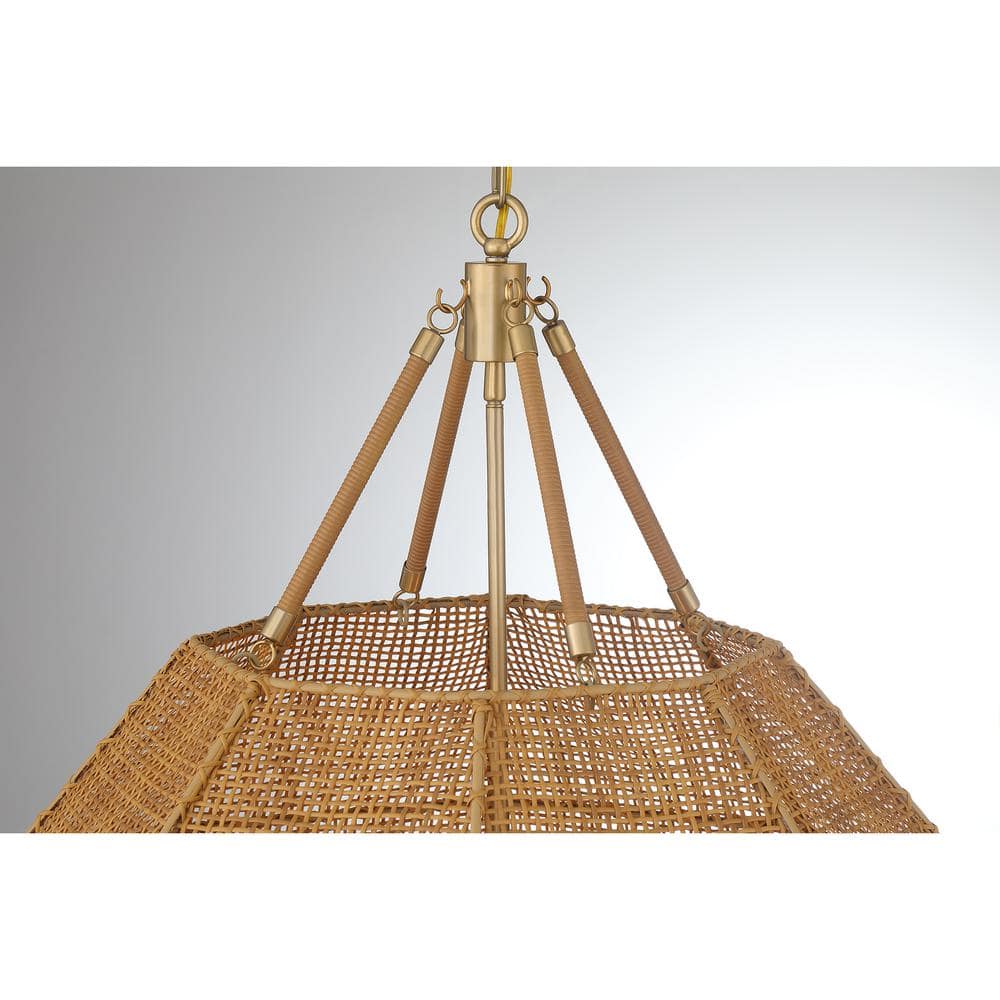 Burnished Brass and Rattan 5-Light Octagon Pendant