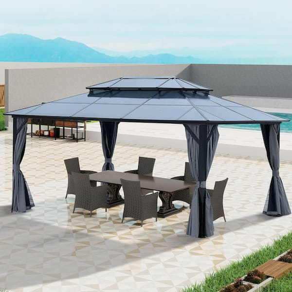 Agix 12 ft. x 16 ft. Grey Aluminum Frame Patio Gazebo with Polycarbonate Canopy, Privacy Curtain and Mosquito Net