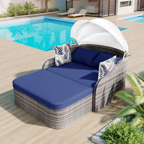 Harper & Bright Designs Gray Wicker Outdoor Chaise Lounge Day Bed with Blue Cushions, Adjustable Canopy and 4-Pillows