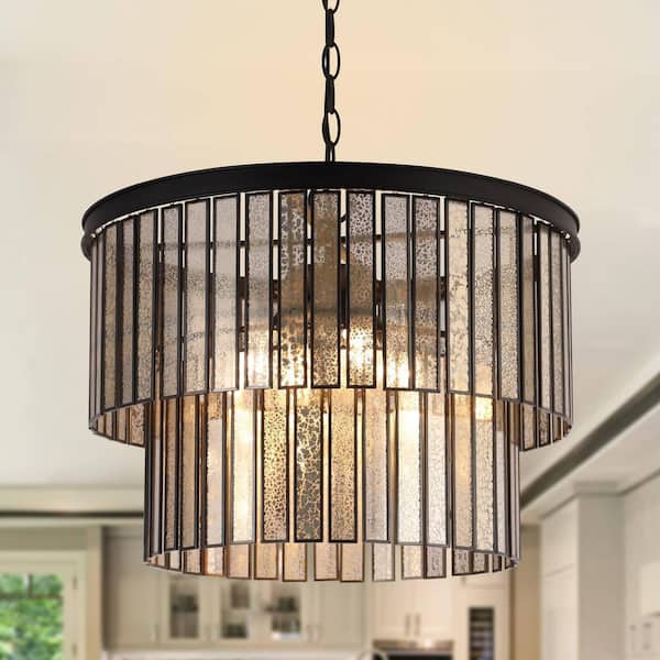 Hemera 4-Light Black Modern Drum Chandelier with 2-Tier Plated Mercury Glass Shade Living Room Silvered Hanging Light