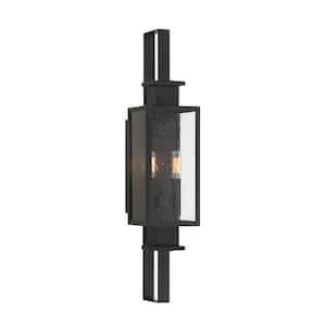 Ascott 26.75 in. Matte Black Outdoor Hardwired Wall Lantern Sconce with Clear Seeded Glass and No Bulbs Included