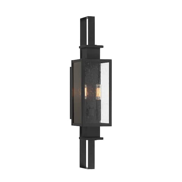 Savoy House Ascott 26.75 in. Matte Black Outdoor Hardwired Wall Lantern Sconce with Clear Seeded Glass and No Bulbs Included