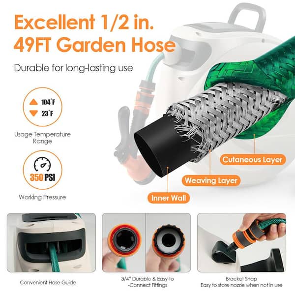 Retractable Garden Hose Reel Wall Mounted, 1/2 inch x 100 ft + 6.6 ft Semi-Automatic Hose Reel with Brass Connector, 9 Pattern Hose Nozzle, Auto