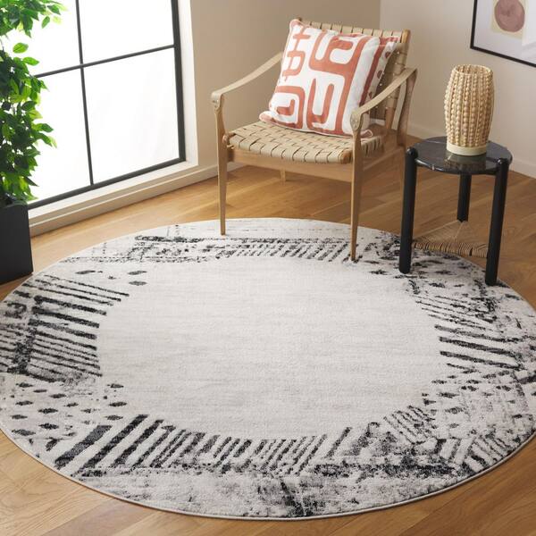 Skyler 7 ft. x 7 ft. Ivory Gray/Black Distressed Border Round Area Rug