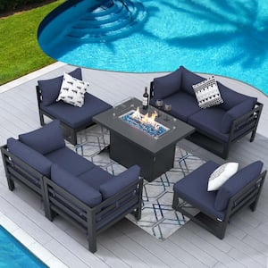 7-Piece Modern Gray Aluminum Patio Conversation Sectional Fire Pit Set, Purplish Blue Cushions