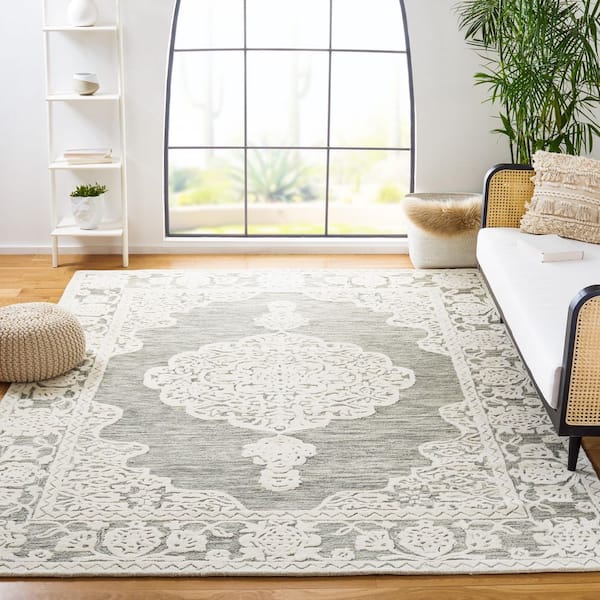 Micro-Loop 8 ft. x 10 ft. Gray/Ivory Border Ornate Area Rug