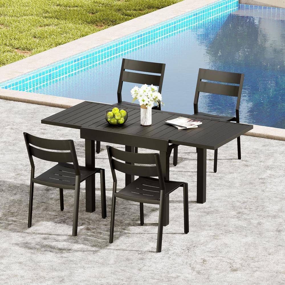 Black 5-Piece Aluminum Outdoor Dining Set with 63 in. Extension and Stackable Chair