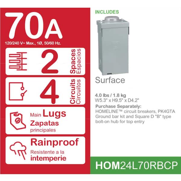 Homeline 70 Amp 2-Space 4-Circuit Outdoor Main Lug Load Center(HOM24L70RBCP)