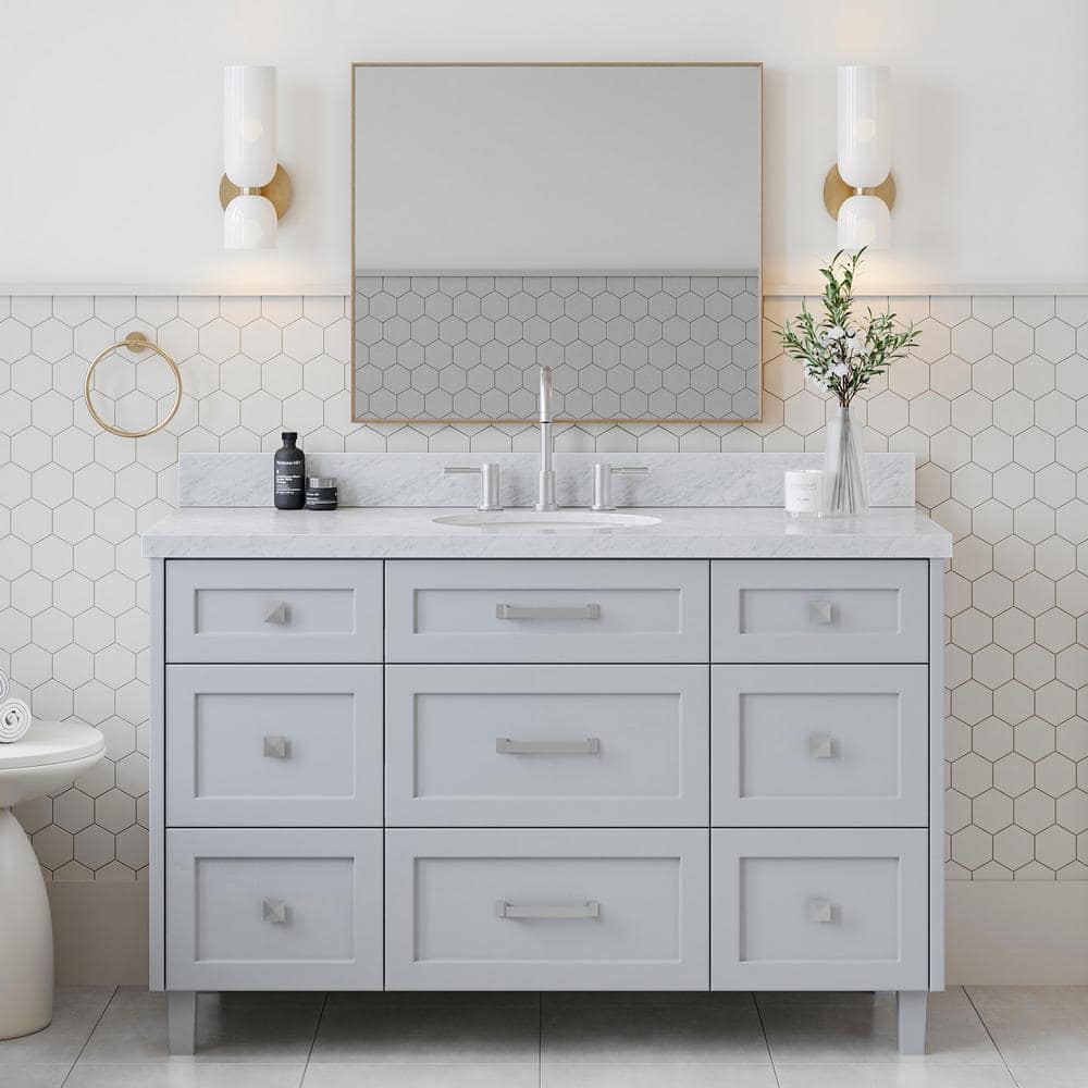 Monroe 54 in. Single Sink Freestanding Bathroom Vanity in Gray with Carrara White Marble Top price history on PriceWatchPro