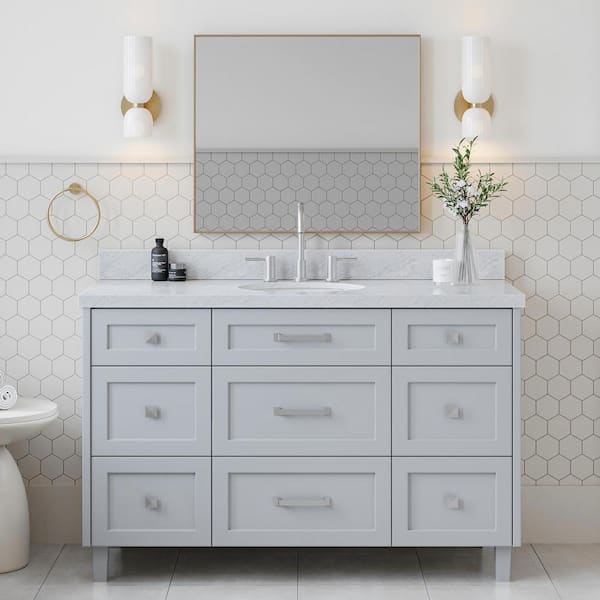 ARIEL Monroe 54 in. Single Sink Freestanding Bathroom Vanity in Gray with Carrara White Marble Top