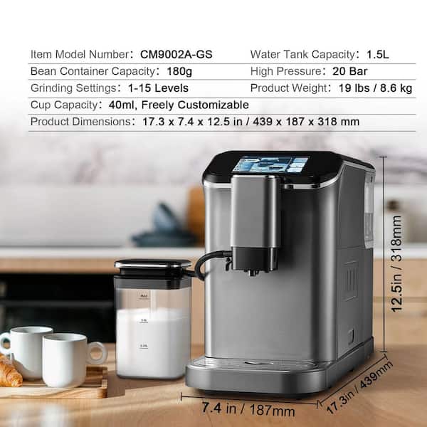 SKYSHALO Fully Automatic Espresso Machine Cappuccino Latte Machine 6 Cups Silver Color Espresso Machine with 20 Bar Super