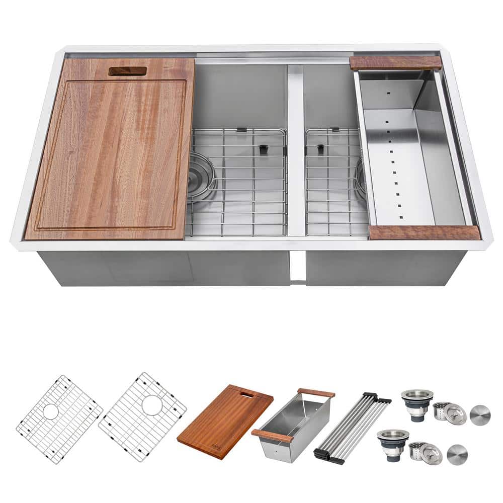 Roma 36-Inch Stainless Steel Double Bowl Workstation Sink with Hardwood Accessories