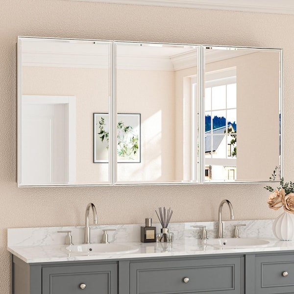 60 in. W x 30 in. H Rectangular Aluminum Brushed Nickel Framed Recessed/Surface Mount Medicine Cabinet with Mirror