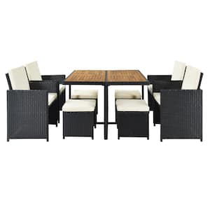 9-Piece Black PE Rattan Wicker Patio Outdoor Dining Table Set with Beige Cushion, Wood Tabletop for 8