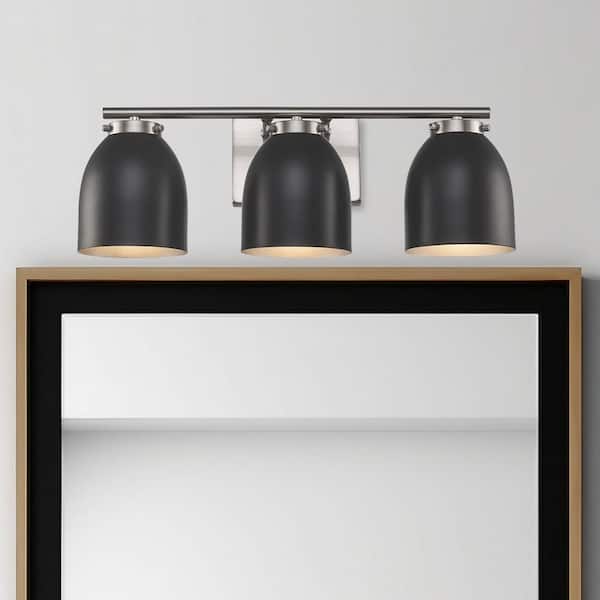20 in. 3-Light Brushed Nickel Bathroom Vanity Light Fixture with Black Metal Shades