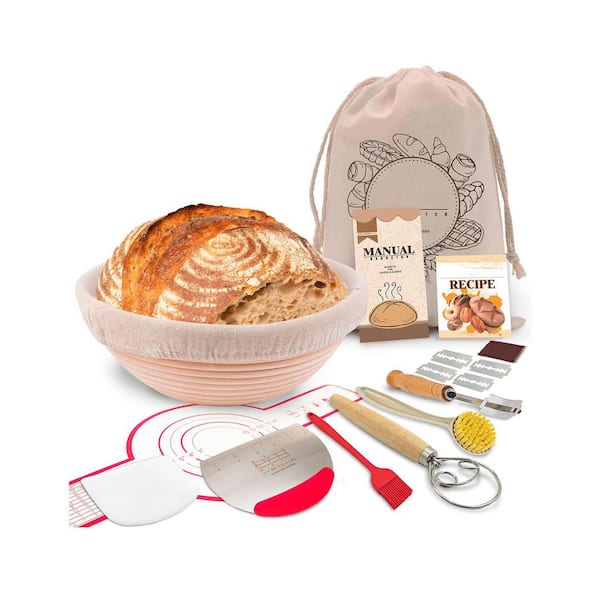 Bread Baking Kit, 9 in. Round Proofing Basket with Accessories, Natural Rattan, Linen Liner, Includes Dough Whisk