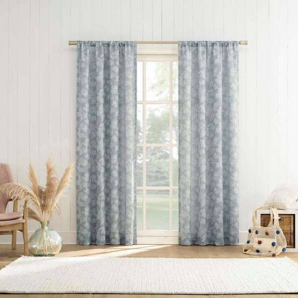 Koda Woven Jacquard Leaf Denim Blue Semi-Sheer 50 in. W x 63 in. L Rod Pocket Light Filtering Curtain (Single Panel)