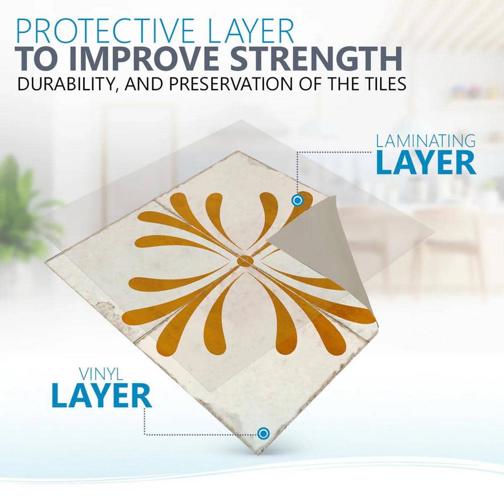 Beige and Gold Vintage Flower Vinyl Peel & Stick Tiles 8x8-inch