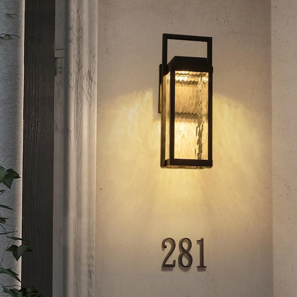 Barry 1-Light Black Outdoor Hardwired Lantern Sconce with 3000K Wall Ripple Glass Integrated LED