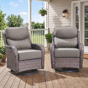 MoonLuxe Brown Swivel Glider Wicker Outdoor Rocking Chair with Gray Olefin 6 in. Thick Cushions (2-Pack)