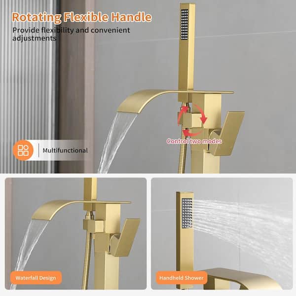 Single-Handle Freestanding Tub Faucet with Hand Shower Brass Waterfall Floor Mount Tub Filler in Brushed Gold