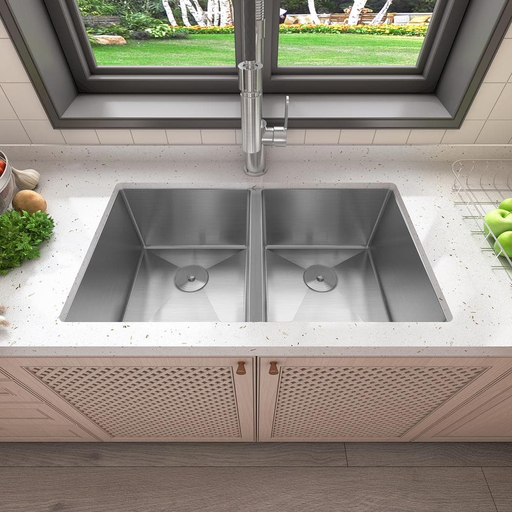 Sinber 32" Stainless Steel Double Bowl Drop-In Kitchen Sink