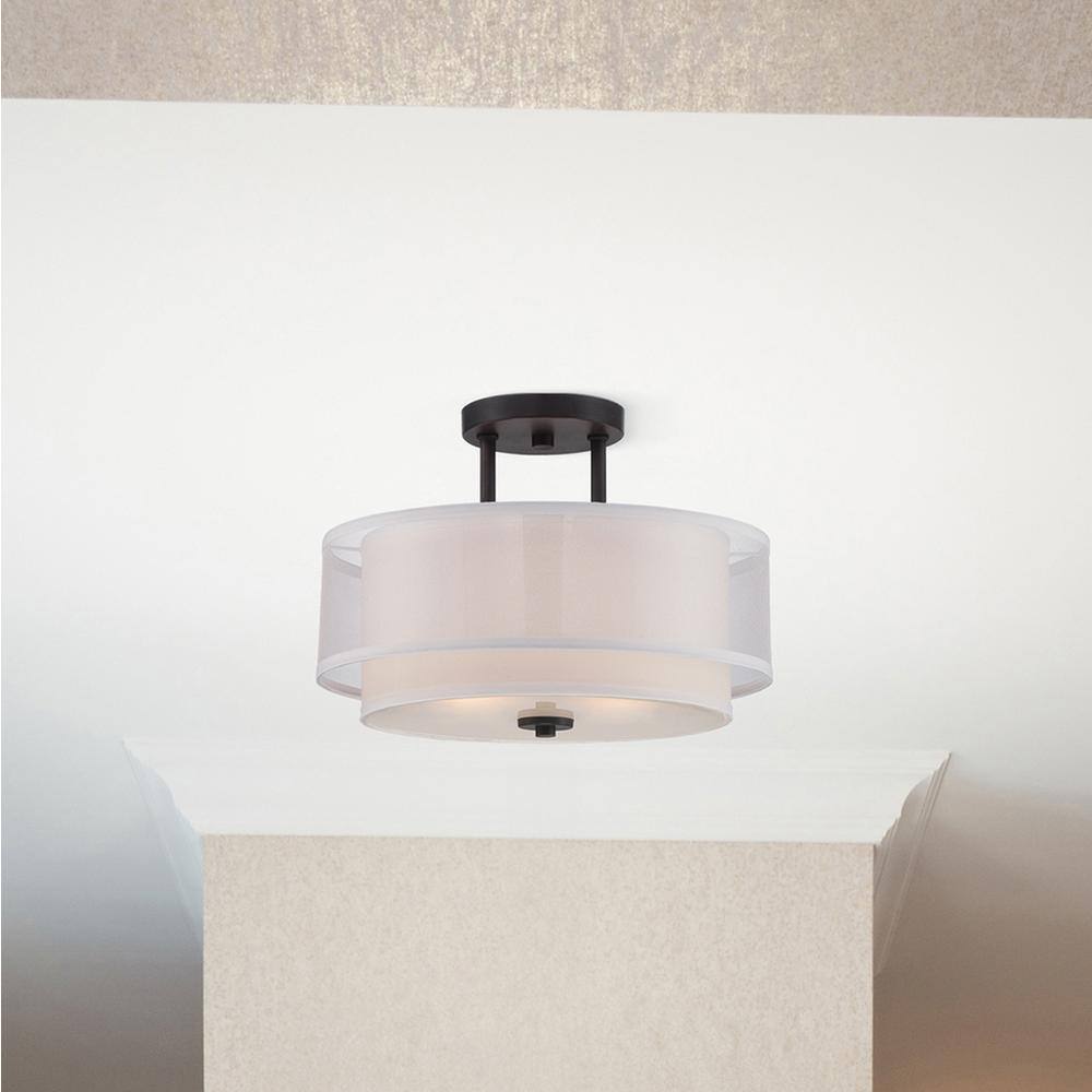 Fusion Biscayne Bronze Semi-Flush Drum Ceiling Light with Organza Shade