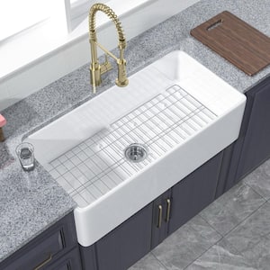 White Fireclay Farmhouse Sink 36 in. x 18 in. Rectangular Single Bowl Apron Front Kitchen Sink with Grid and Strainer