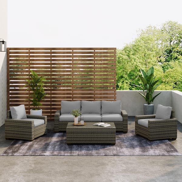 Uixe 6-Piece Rattan 5-Seat Wicker Outdoor Sectional Seating Group Lightgray Cushion and Glass Table, Patio Furniture Sets