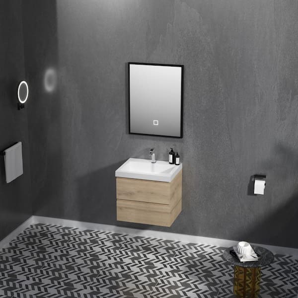 Angela 24 in. W x 18.7 in. D x 20.5 in. H Wall Mounted Floating Vanity in Natural Oak with Glossy White Top