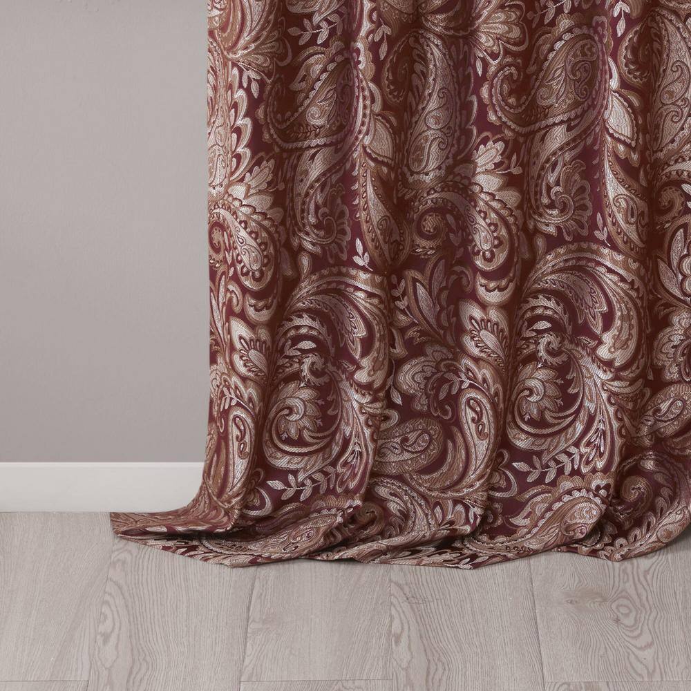 Burgundy Faux Silk Paisley Jacquard Light-Filtering Curtain Panels