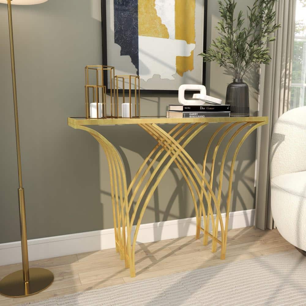 Elegant Gold Metal & Mirrored Glass Art Deco Console Table