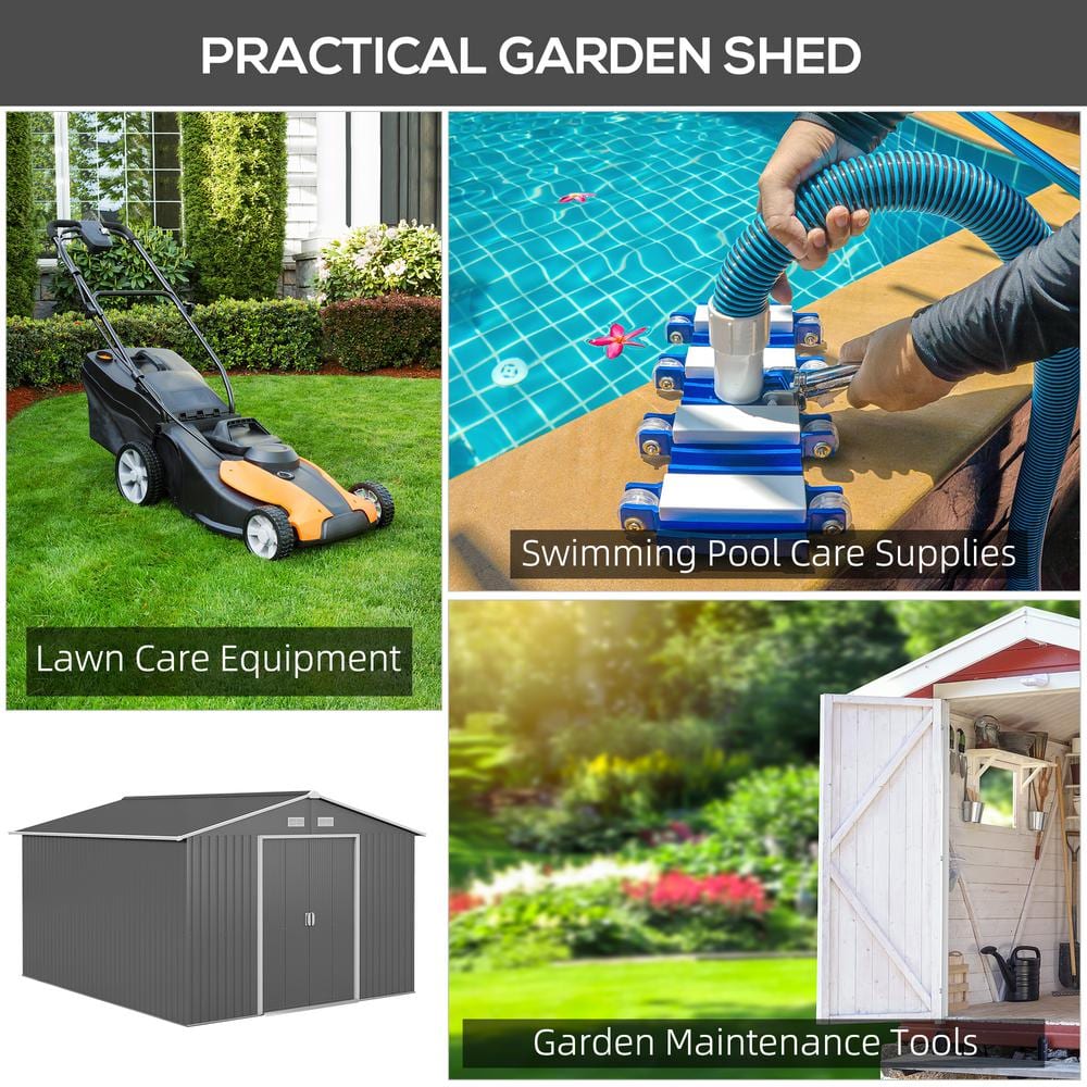 Outsunny 11' x 9' Gray Metal Storage Shed Kit with Windows