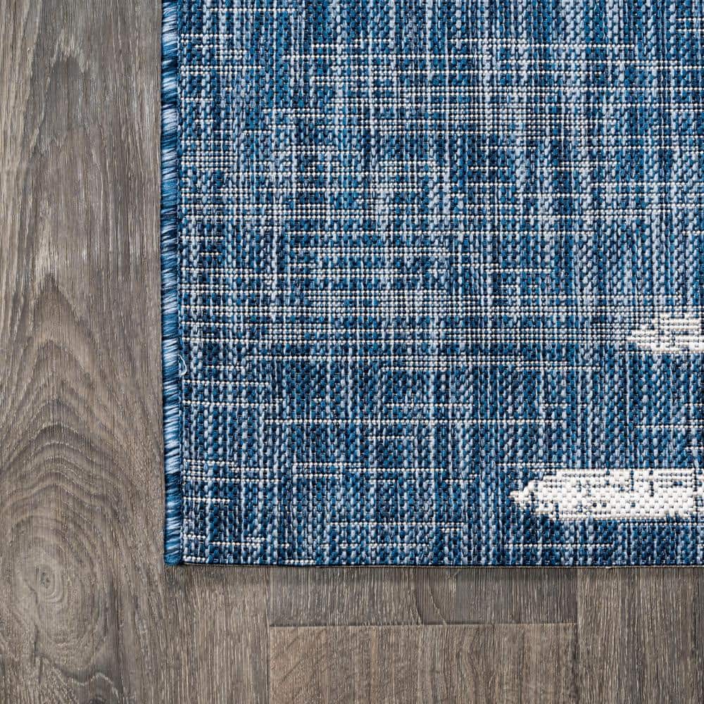 Bohemian Stripe Blue and Ivory Synthetic Area Rug 5' x 8'