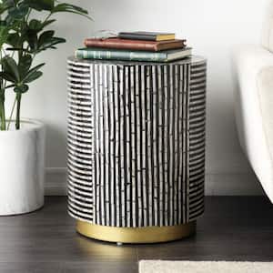 18 in. Black Drum Large Round Shell End Table with Linear Mosaic Pattern and Gold Base